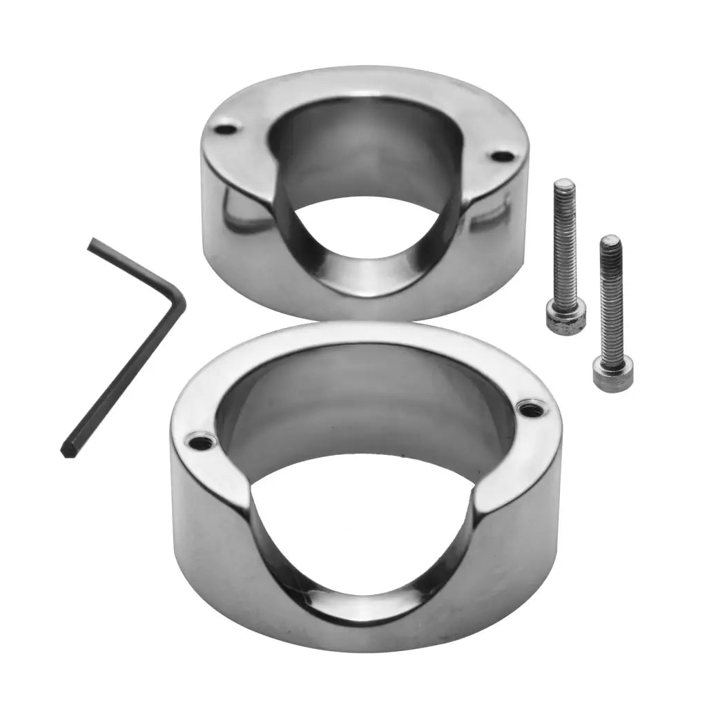 Premium stainless steel penis trap with split collar clamps, screws, and Allen wrench