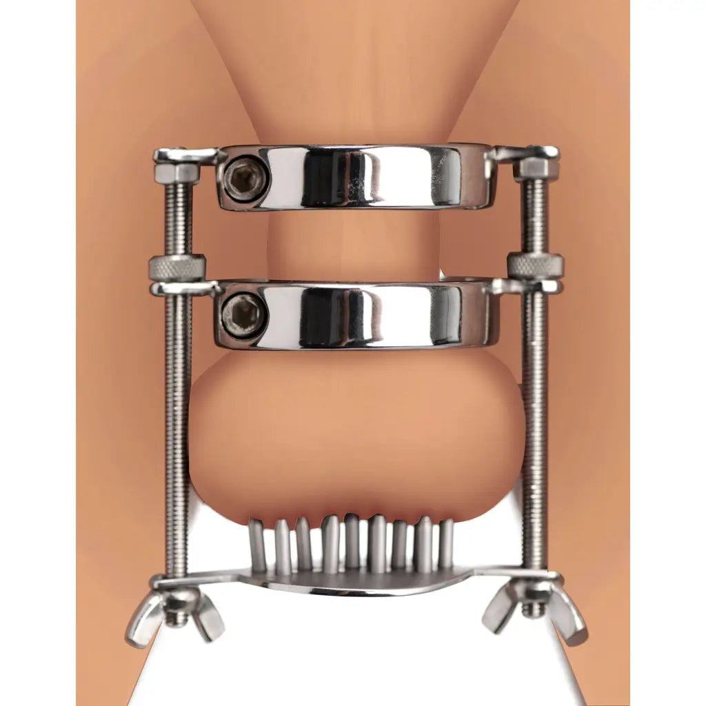 Master Series Ball Squeezer Stainless Steel Spiked Cbt Ball Stretcher And Crusher at the Haus of Shag