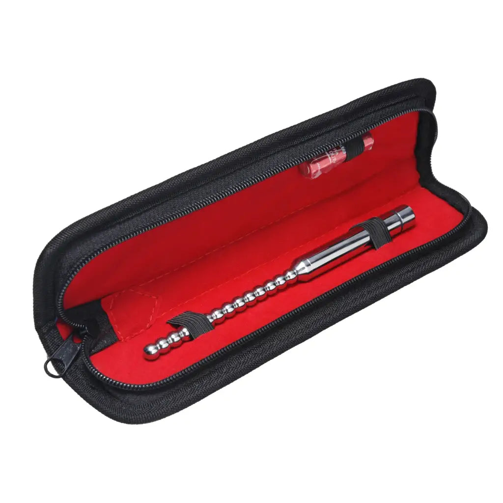 Zippered black case with red interior and screwdriver bit set for stainless steel vibrating tools