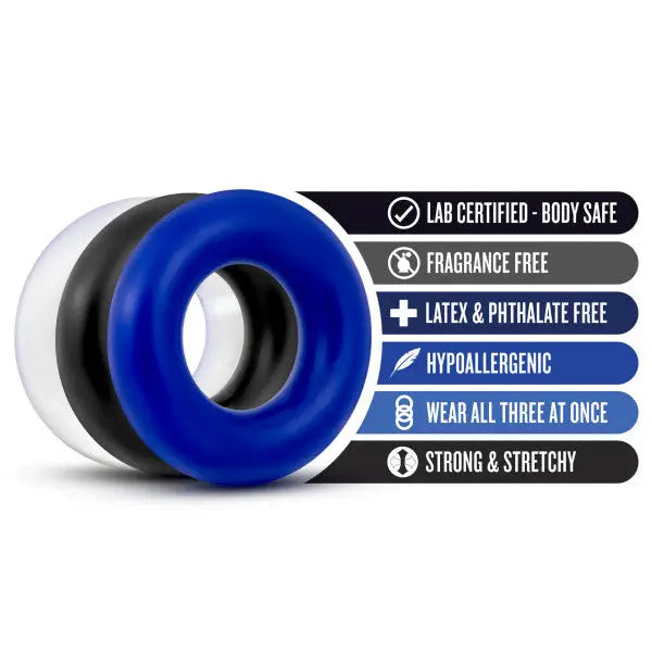 A pair of blue and white stay hard donut rings from the Stay Hard Donut Rings 3 Pack