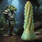 Armored reptilian humanoid with spikes and tail next to suction cup base Stegosaurus dildo