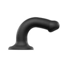 Close-up of Strap-On-Me Silicone Bendable Dildo: black plastic object on white background