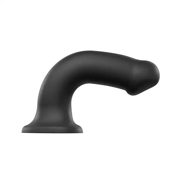 Close-up of Strap-On-Me Silicone Bendable Dildo black plastic pipe on white background