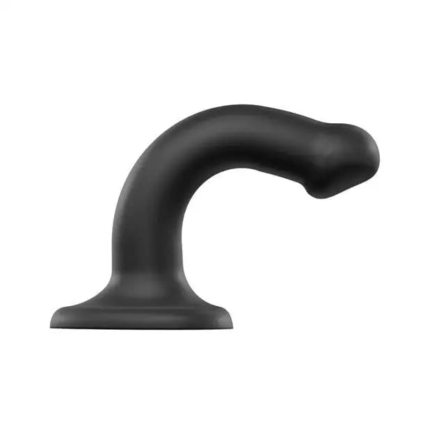 Close up of Strap-On-Me Silicone Bendable Dildo, black plastic base on a white background