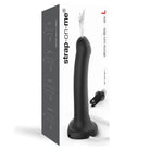 A black remote control device with a white box for Strap On Me Silicone Cum Dildo