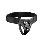 A black leather belt with a metal buckle featured in Strap U Domina Wide Band Strap On Harness