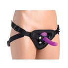 Female wearing Strap U Double G Deluxe Vibrating Strap On Kit with purple nipple on her butt