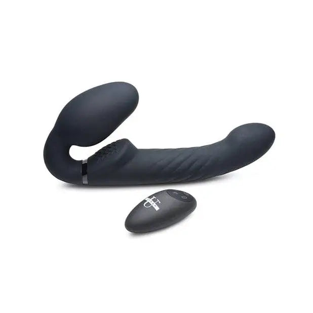 Close up of Strap U Ergo-Fit Twist Vibrating Strapless Strap-on with black vibrating device