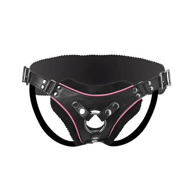 Black and pink leather belt with metal buckle, Strap U Flamingo Low Rise Strap-on Harness