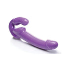 Purple Strap U Revolver Thick Vibrating Strapless Strap On against white background