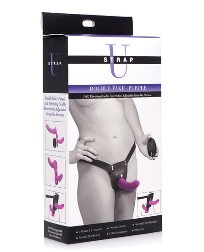 Strap U Strap Ons Universal Strap U Double Take Double Penetration Vibrating Strap On Harness - Purple at the Haus of Shag