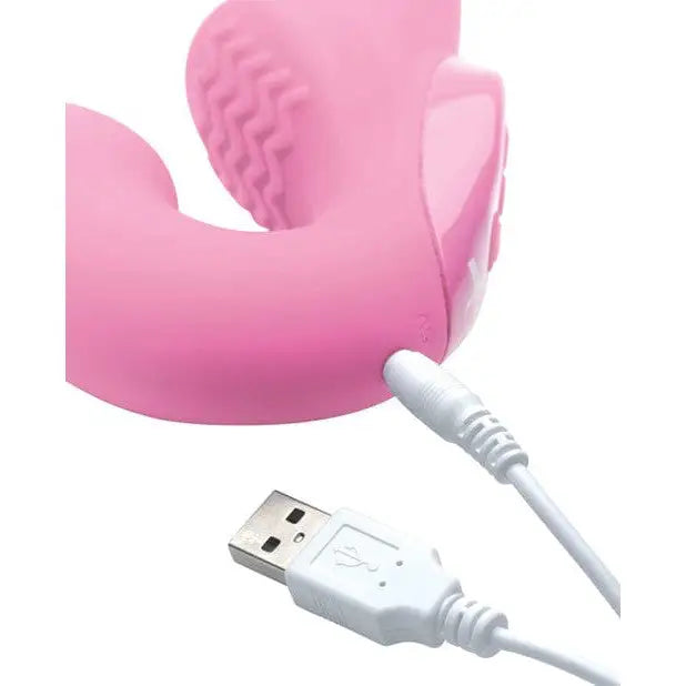 Pink tooth-shaped USB with cable for Strap U Vibrating Strapless Silicone Strap On, remote control