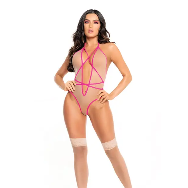 Strappy Teddy W/adjustable Hook & Eye Crotch Closure Neon - L/xl - Teddy