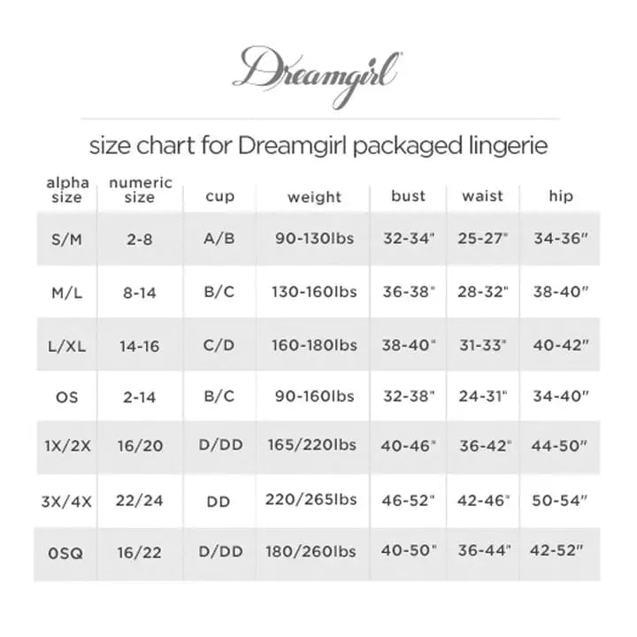 Size chart for Dreamgirl Stretch Elastic Bralette & Garter Panty, various measurements