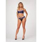 Stretch Satin & Eyelash Lace Demi Cup Bra & Panty Black/blue - Medium - Lingerie Set