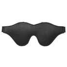 Close up of Strict Leather Black Fleece Lined Blindfold showcasing a black leather eye mask