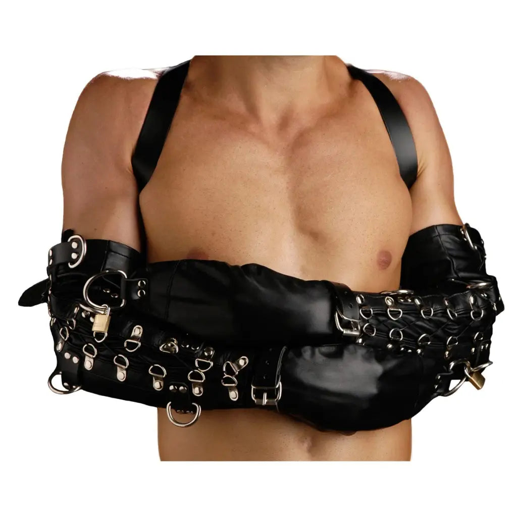 Strict Leather Upper Body Restraint Strict Leather Deluxe Arm Binder Restraint at the Haus of Shag