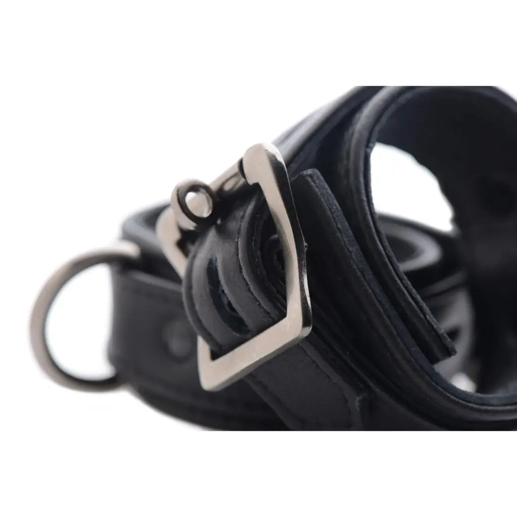 Strict Leather Luxury Locking Wrist Cuffs: Black Leather Dog Collar with Metal Ring