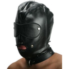 Black leather premium locking slave hood with eye cover and mouth opening