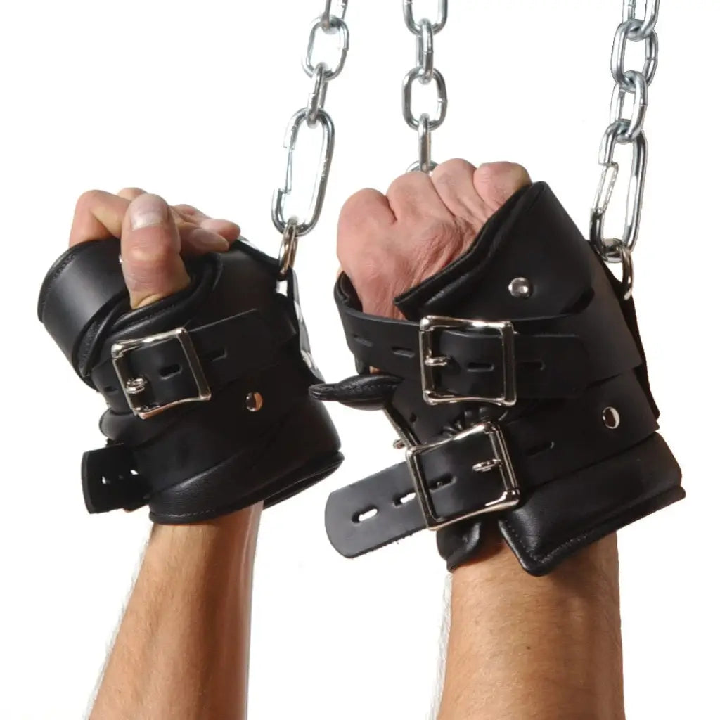 Strict Leather Wrist Cuffs Black Strict Leather Premium Suspension Wrist Cuffs at the Haus of Shag