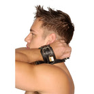 Black leather wristband with padlock worn shirtless, Strict Leather Wrist To Neck Restraint