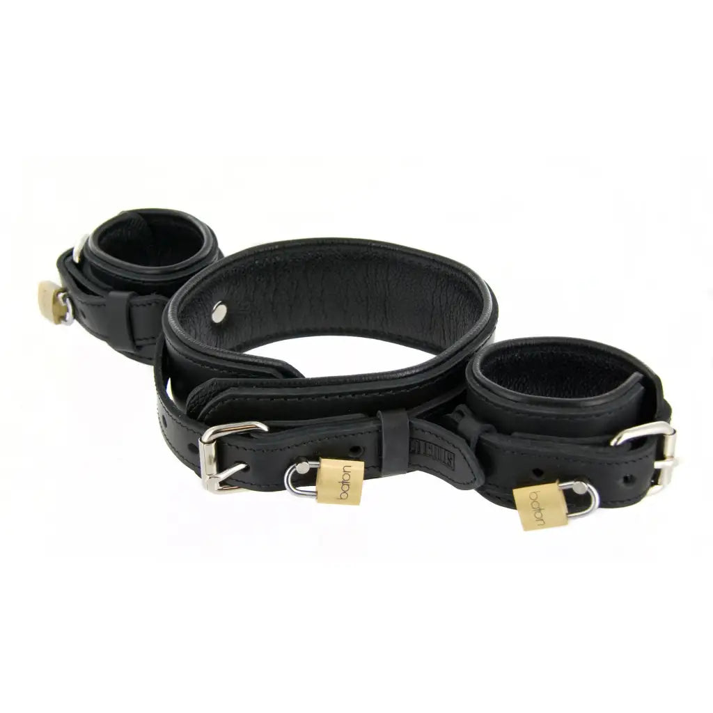 Strict Leather Wrist To Neck Restraint - Black leather bondage with buckles and locks