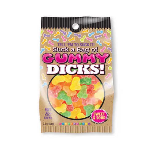 Suck A Bag Of Gummy Dicks 4 oz. bag with displayed colorful gummy dicks candy treats