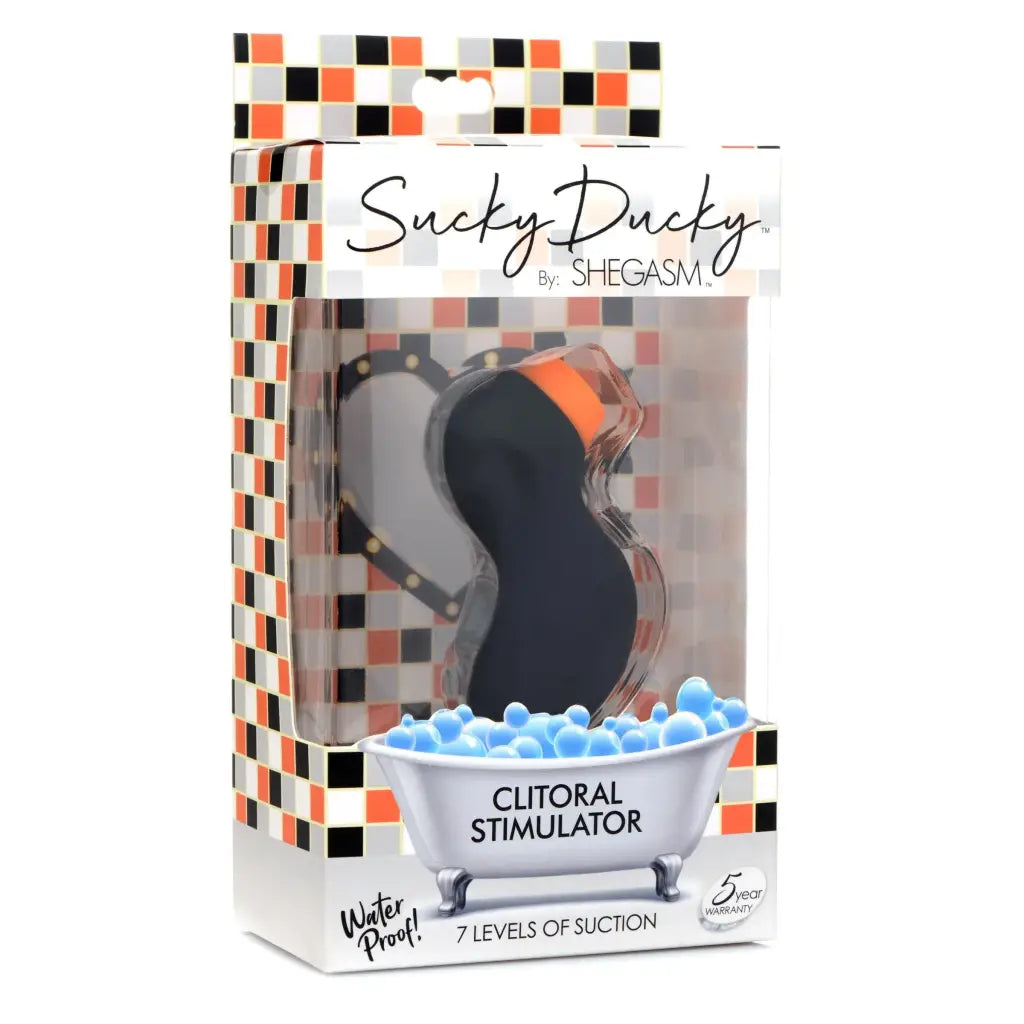 Sucky Ducky Clitoral Stimulator in packaging shaped like a duck for pleasure and fun