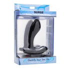 Close-up of Surge Bi-Polar Electro Prostate Stimulator sex toy, black and in box