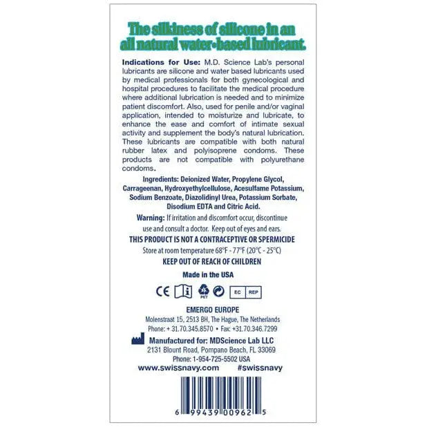 Swiss Navy All Natural Lubricant label – ideal for sensitive skin care