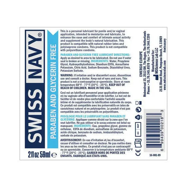 Swiss Navy Paraben & Glycerin Free Premium Lubricant label on a bottle of water