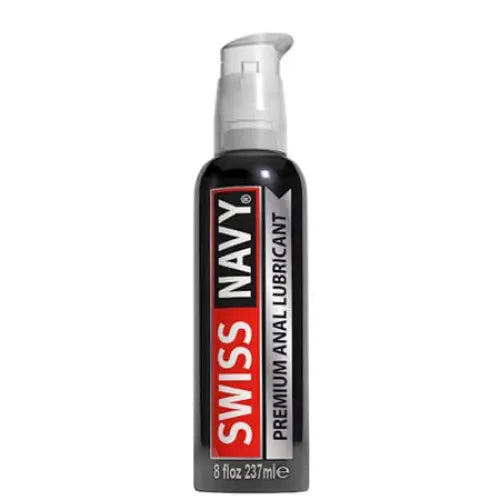 Bottle of Swiss Navy Premium Silicone Anal Lubricant 8oz for smooth, long-lasting comfort