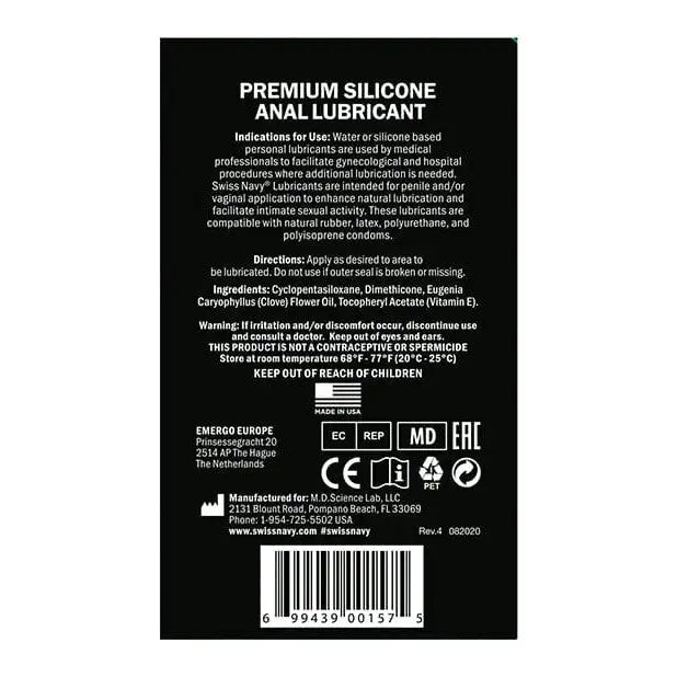 Label for Swiss Navy Silicone Based Premium Anal Lubricant