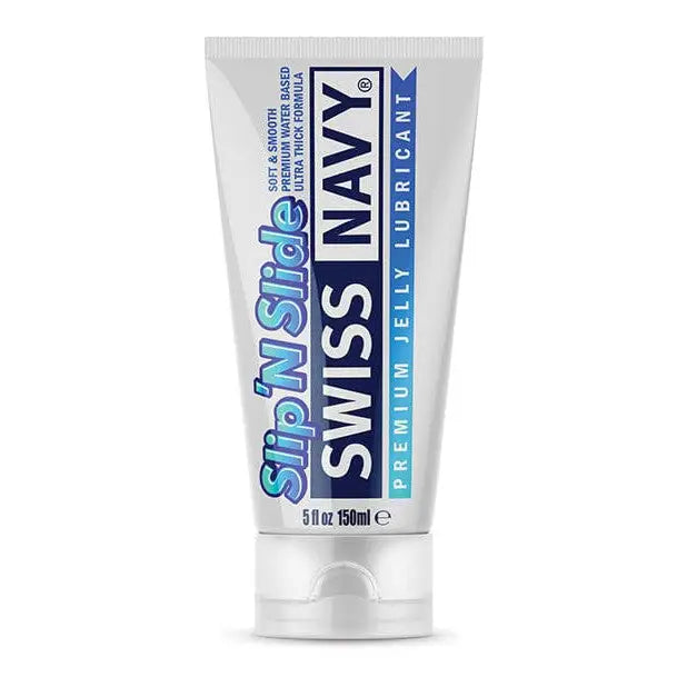 Close up of Swiss Navy Slip’n Slide Premium Jelly Lubricant on a white background