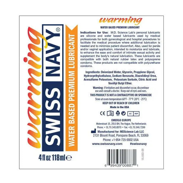 Label displaying Swiss Navy Warming Water Based Premium Lubricant