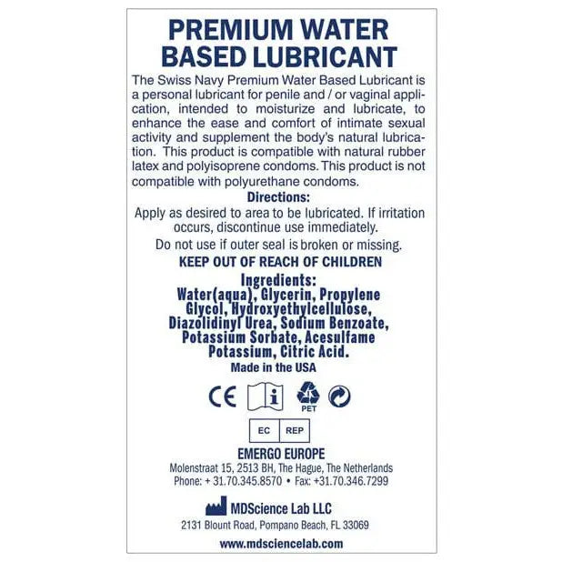 Label of Swiss Navy Water Based Premium Lubricant product for smooth and lasting use