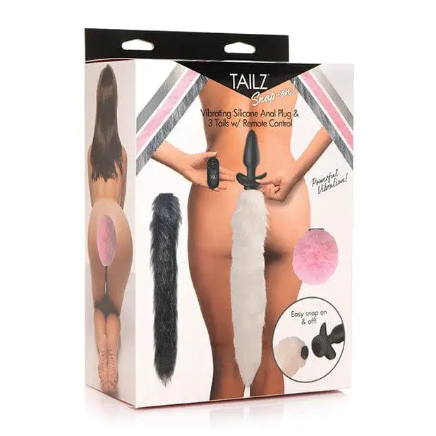 Tailz Tail Plug Black Tailz Snap On Remote Control Vibrating Silicone Anal Plug With 3 Interchangeable Tails at the Haus of Shag