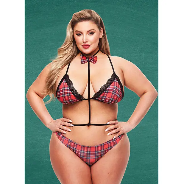 Teacher’s Pet Baddie Schoolgirl Top W/bow Tie & Panty Red/black - One Size Fits Most (Queen) / Plaid - Costumes