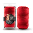 Temptasia Bondage Rope by Blush: Red cotton bondage rope in retail packaging and unpackaged