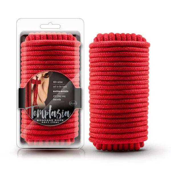 Temptasia Bondage Rope by Blush: Red cotton bondage rope in retail packaging and unpackaged