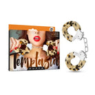 Temptasia Furry Cuffs: Leopard print furry handcuffs with metal chain and packaging