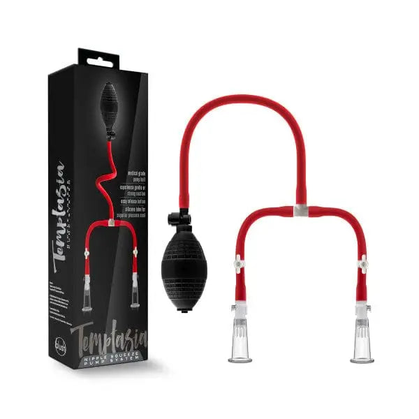 Temptasia Nipple Squeeze Pump System with red tubing and clear cups, product packaging visible