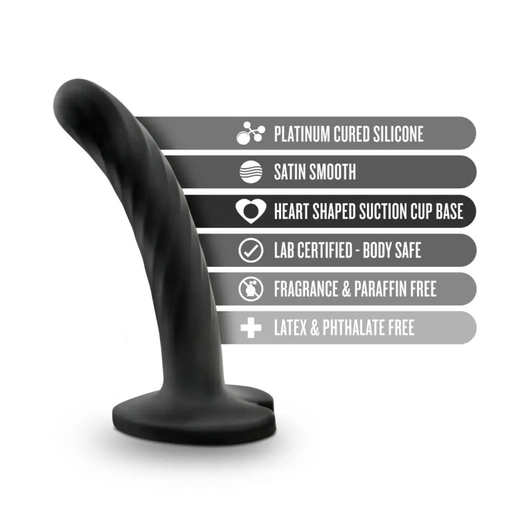 Curved black silicone Temptasia Twist dildo with suction cup base and heart-shaped detail