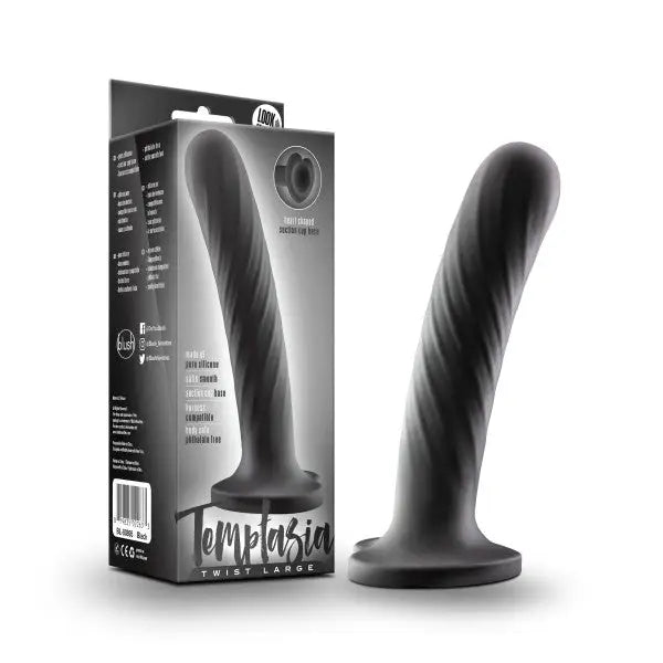 Temptasia Twist black silicone twist dildo with heart-shaped packaging