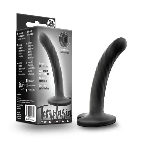 Curved black silicone Temptasia Twist dildo with a flared base for safe, pleasurable use