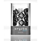 Clear plastic container with Tenga Crysta Block holding black and clear geometric ice cubes