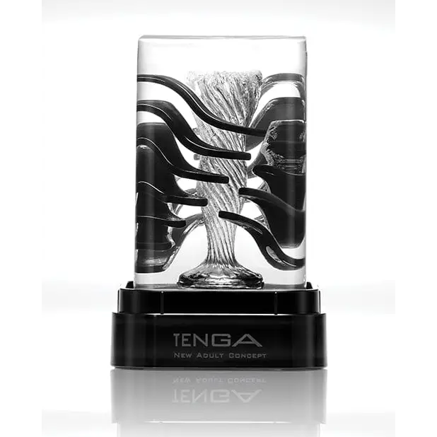 Transparent Tenga Crysta Block with black wavy structures and central twisted column