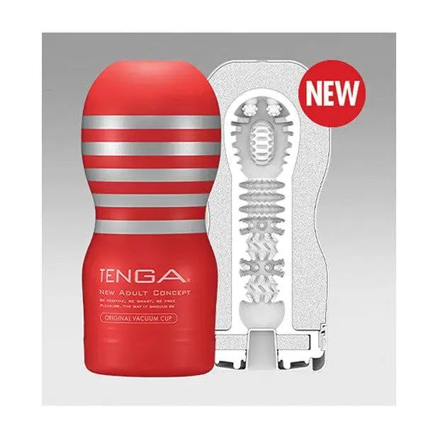 Red and silver Tenga Deep Throat Original Vacuum Cup with internal textured sleeve