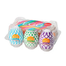 Colorful egg-shaped objects in a clear package labeled ’EGG’ from the Tenga Egg Variety Pack