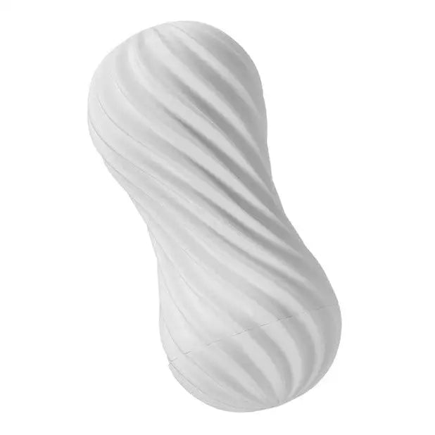 TENGA FLEX Spiraling Reusable Masturbation Sleeve with a white shoe cover on a white background